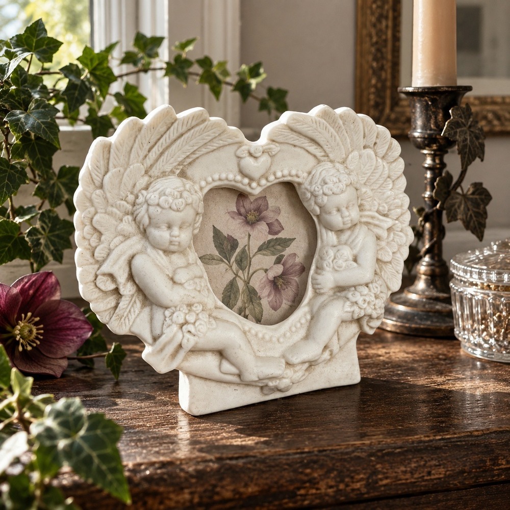 Vintage Ivory Ceramic Cherub Heart Picture Frame Romantic Whimsygoth Decor